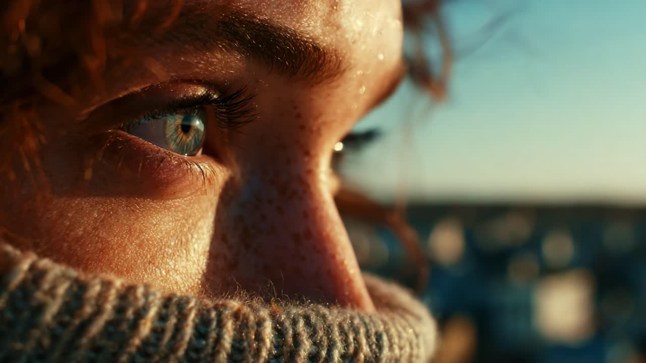 Close-Up of a Thoughtful Person with Curly Hair and Freckles, Gazing into the Distance, Captured in Natural Light, Emphasizing Emotions and the Beauty of the Moment