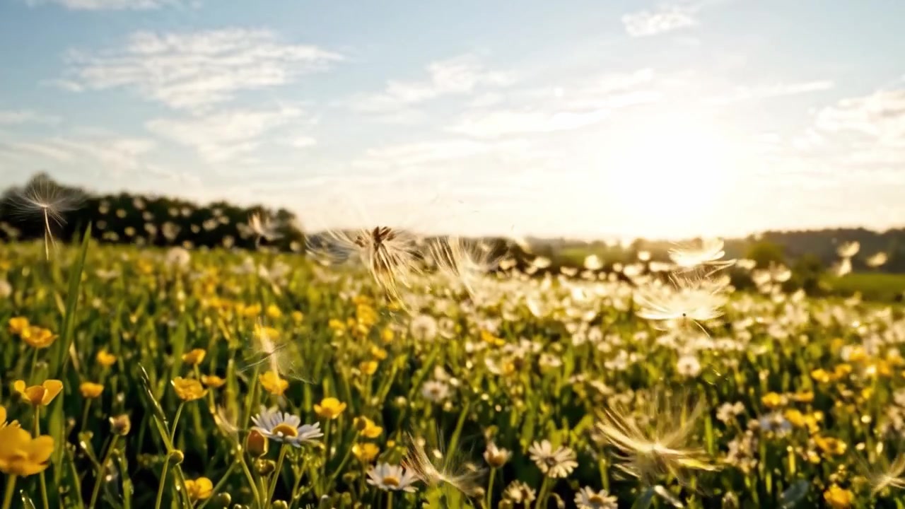 A Stunning Sunrise Over a Field of Dandelions and Wildflowers, Illuminating the Natural Beauty of Springtime in a Serene Landscape