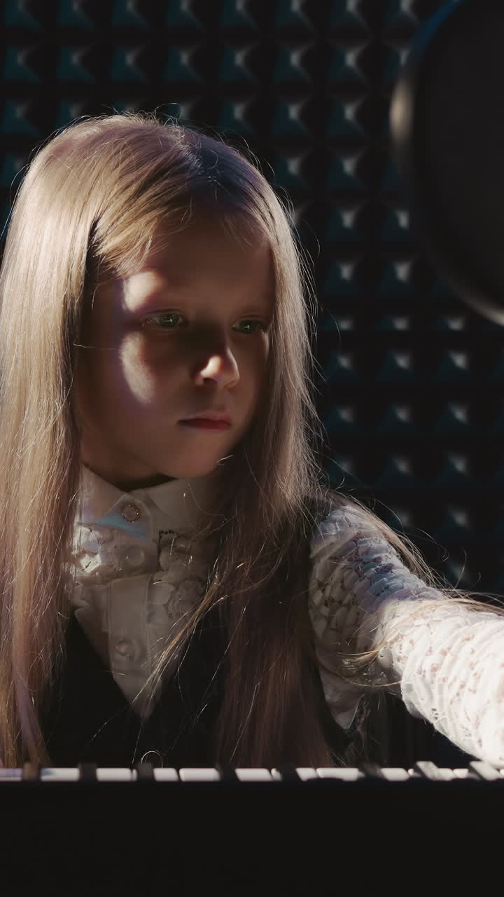 아이는 디지털 악기의 소리를 잘 조율합니다. 소녀는 능숙하게 전기 피아노를 설정하고 예술적인 터치로 스튜디오를 불어넣습니다. 학생은 음악적 실력을 보여줍니다.