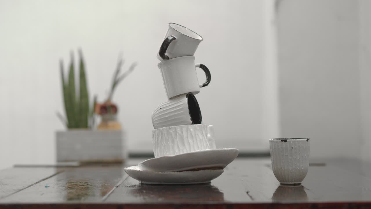 torre de platos bajo la lluvia