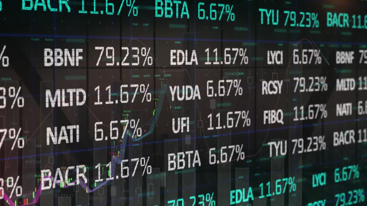 Animazione di elaborazione di dati finanziari e mercato azionario su paesaggio urbano