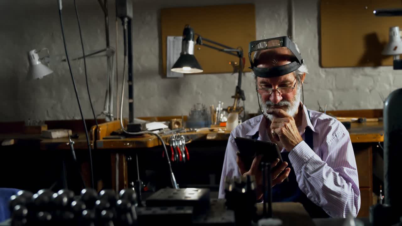 orfebre usando una tableta digital en el taller 4k