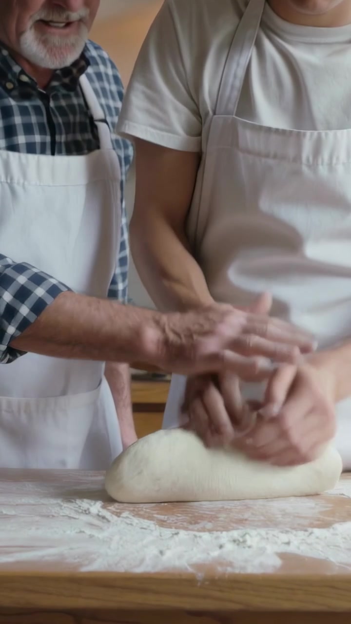Video vertical: Poniendo las manos en la masa, hombre adulto amasando en la cocina, persona mayor enseñando con delantales.