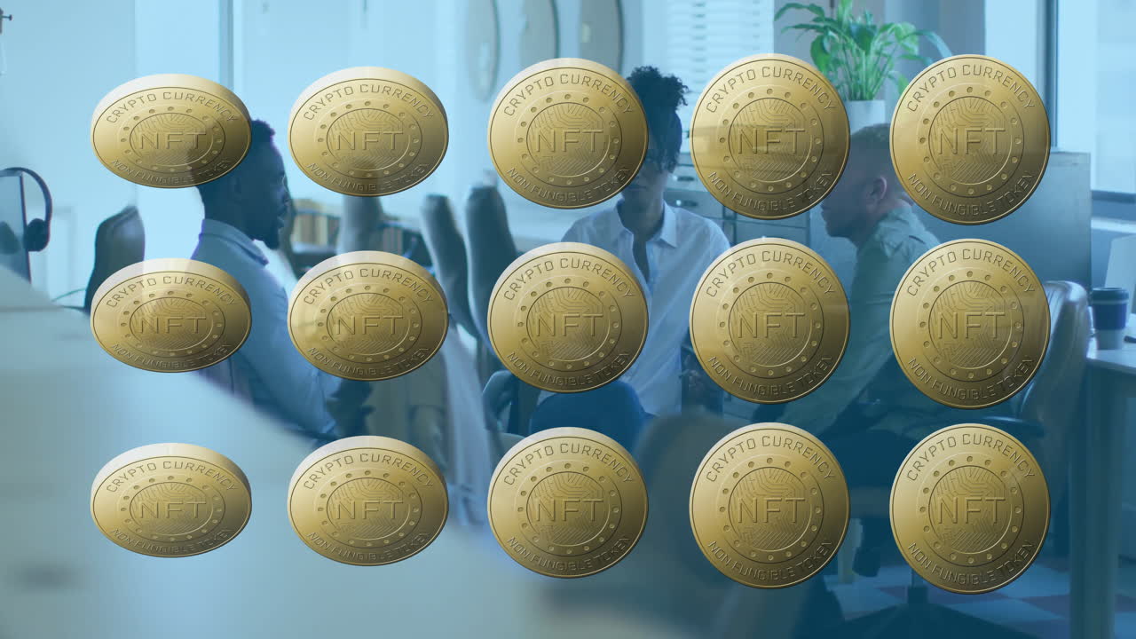 colleagues discussing NFT cryptocurrency in conference room, overlay showing golden coin grid