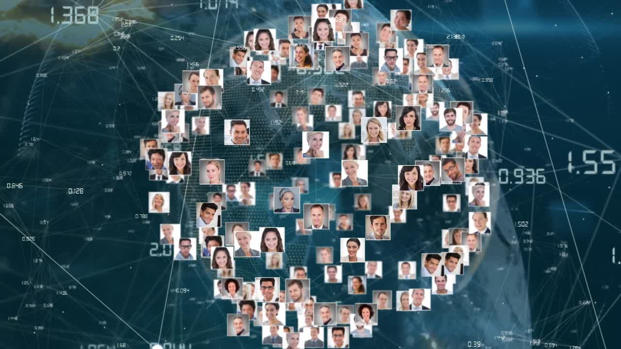 Animazione di un globo con rete di connessioni e foto di professionisti.