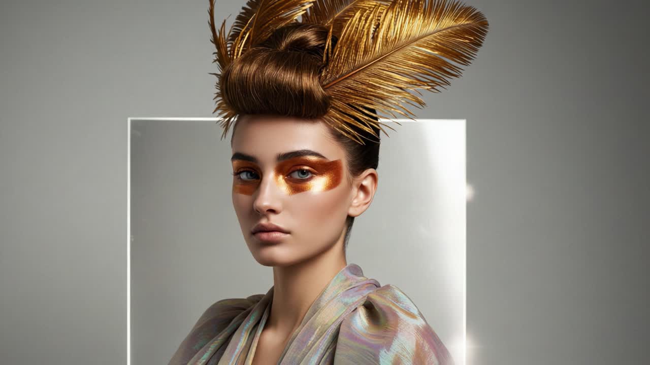 Stunning Fashion Portrait Showcasing Exquisite Hair Design and Bold Makeup Artistry with Vibrant Gold Feathers and Radiant Colors