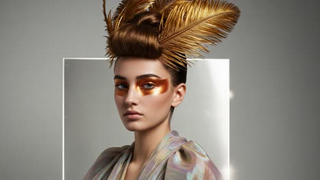 stunning fashion portrait showcasing exquisite hair design and bold makeup artistry with vibrant gold feathers and radiant colors