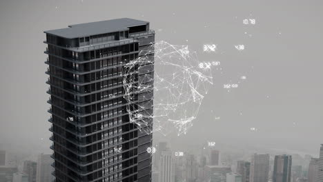 animating digital network and data points over modern high-rise building in cityscape