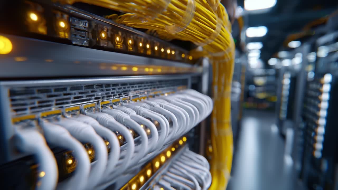 Advanced Data Center Infrastructure with Organized Cables and Illuminated Network Interfaces for Optimal Data Transfer and Connectivity Solutions