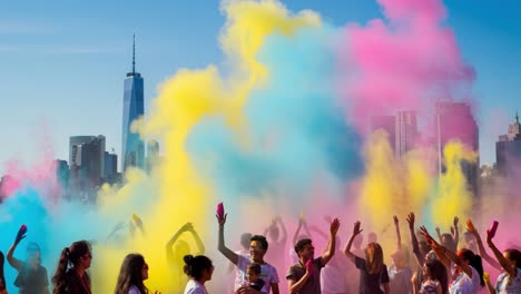 an exuberant celebration unfolds in new york city, where a large group of people joyfully throws colorful powders into the air against a stunning skyline backdrop. the bright pinks, blues, and yellows create a festive atmosphere, capturing smiles and laughter from participants. this event showcases