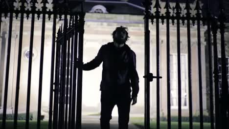 mysterious figure emerging from the shadows: a thrilling encounter at a dimly lit gate amidst a historical backdrop evocative of secrets and adventure