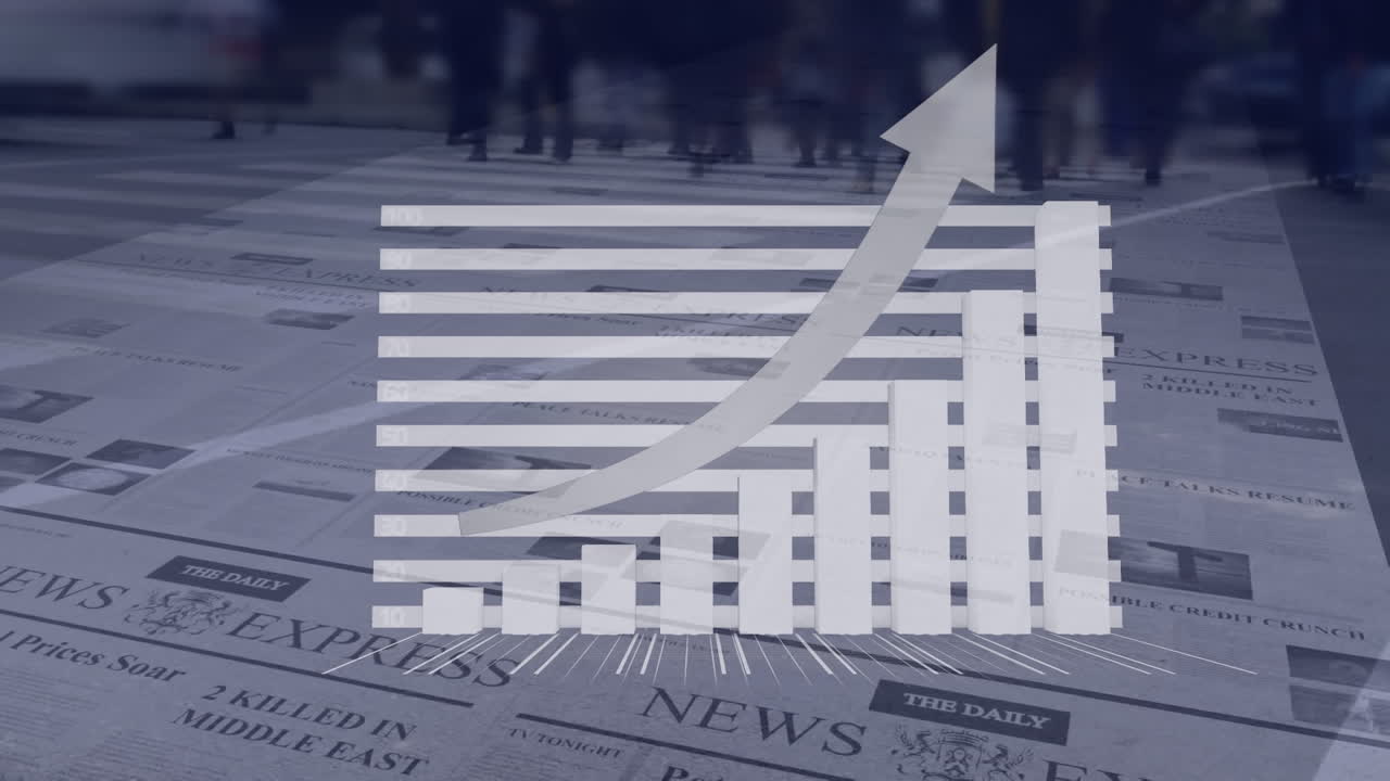 Animation of financial data processing with arrow over newspaper