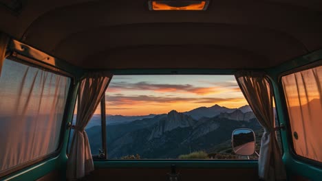 a serene sunset view from a vintage van's cabin overlooking majestic mountains and vibrant clouds, ideal for travelers seeking peace and nature's beauty