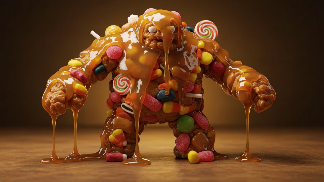A whimsical and gooey creature, crafted from candy and caramel, stands ...