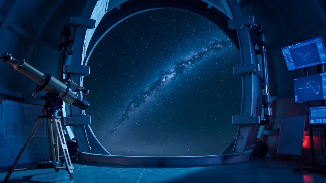 Receiving console command, dome aperture opening at observatory, revealing Milky Way for telescope