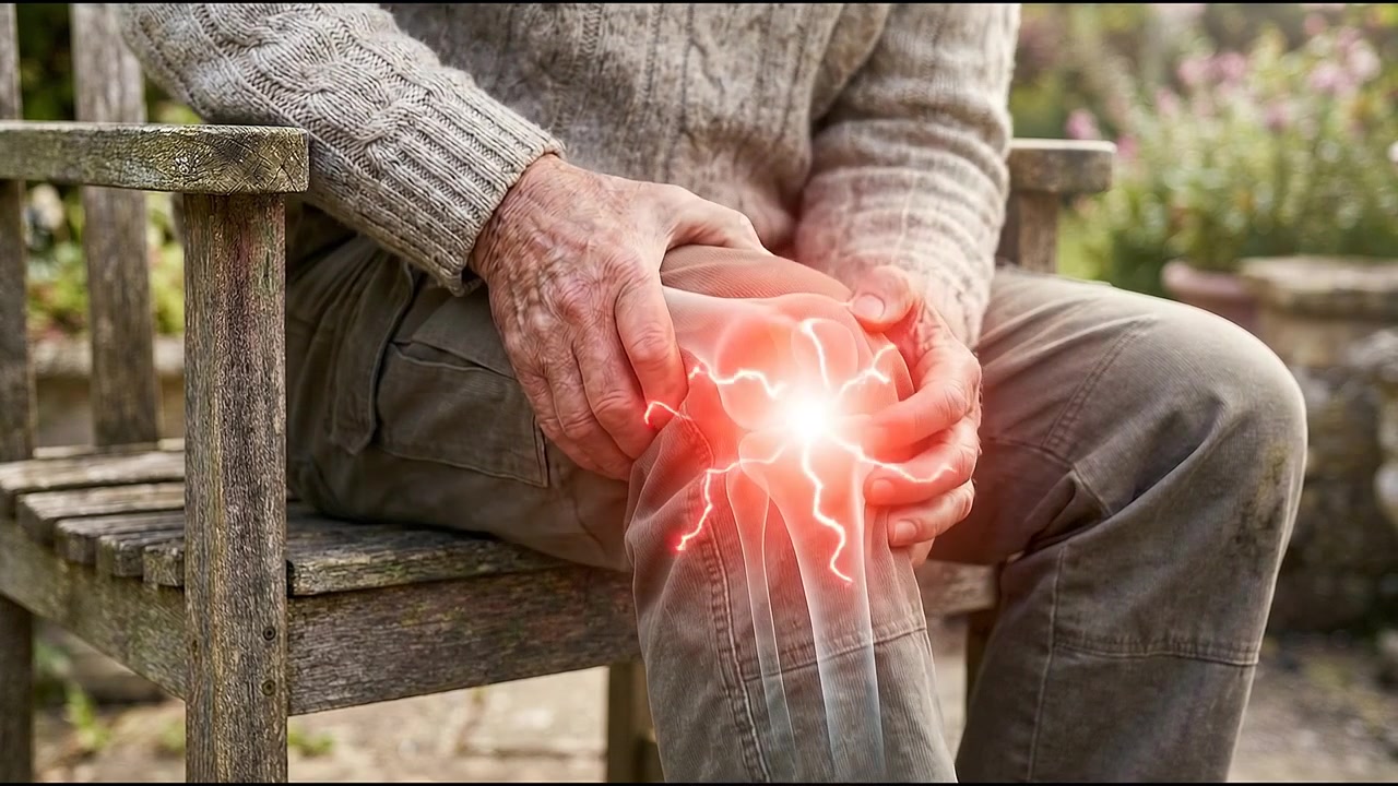 Homem idoso sofrendo de dor no joelho com sobreposição de anatomia animada
