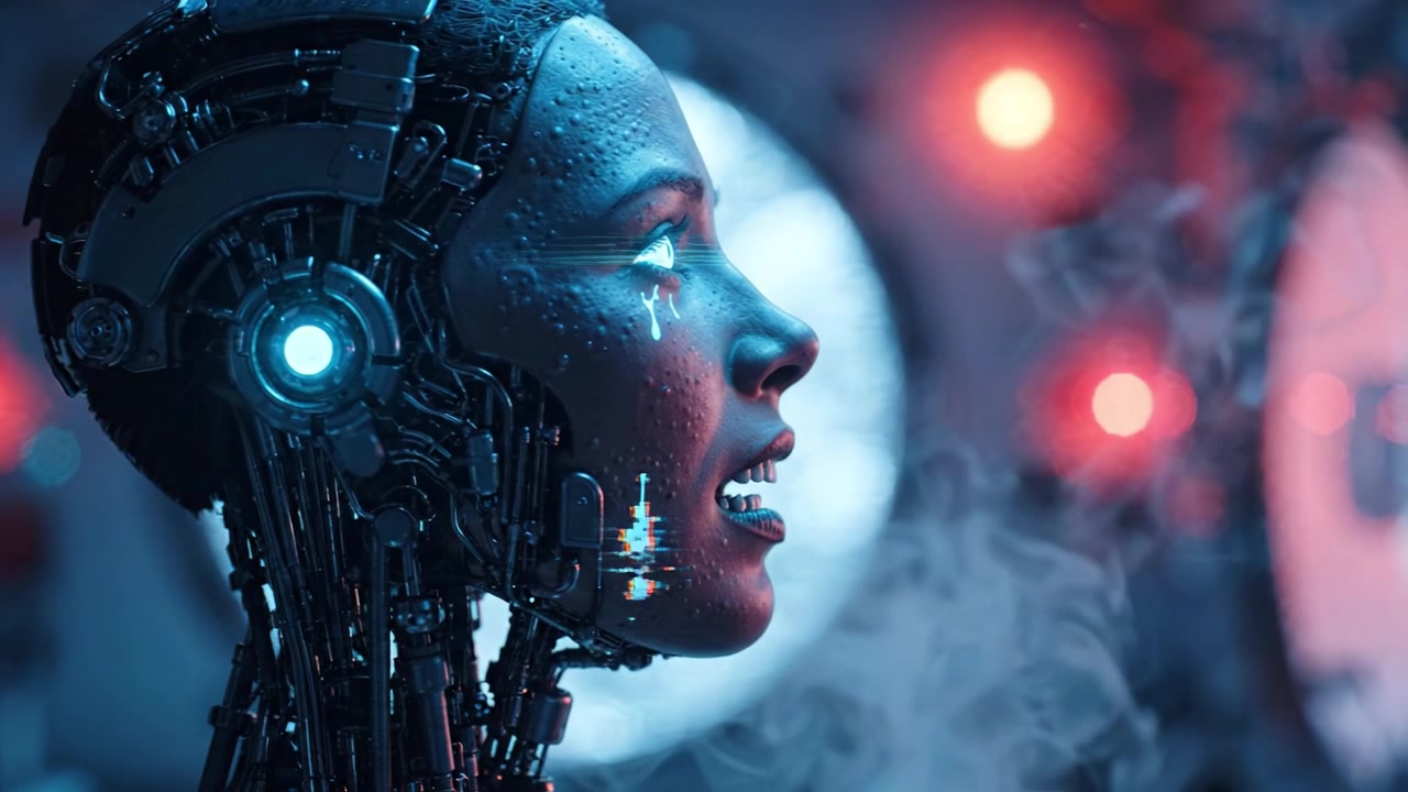 Un robot umanoide futuristico con caratteristiche cyborg avanzate, occhi luminosi e un design meccanico intricato, ambientato su uno sfondo di schermi rotondi illuminati e vapore atmosferico.
