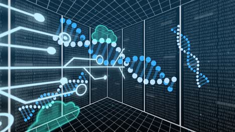 DNA-Stränge-über-Datennetze-Auf-Schwarzen-Bildschirmen