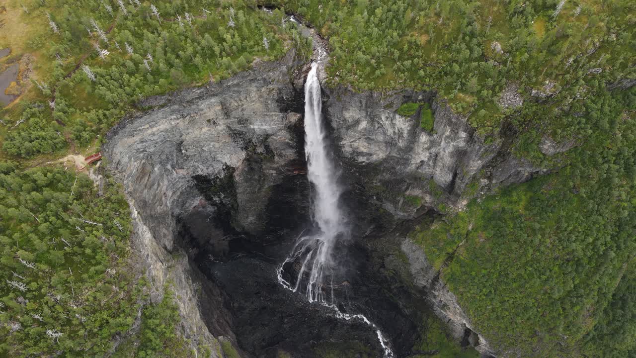 Vettisfossen waterfall and canyon made by the water in Norway. Rising up Drone footage