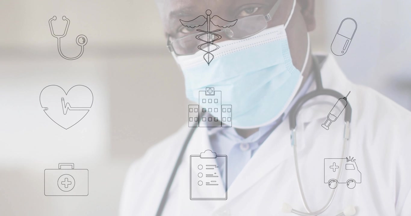 Dokter mengetuk tablet dan menggeser layar menavigasi catatan, kepala miring, ikon medis melayang