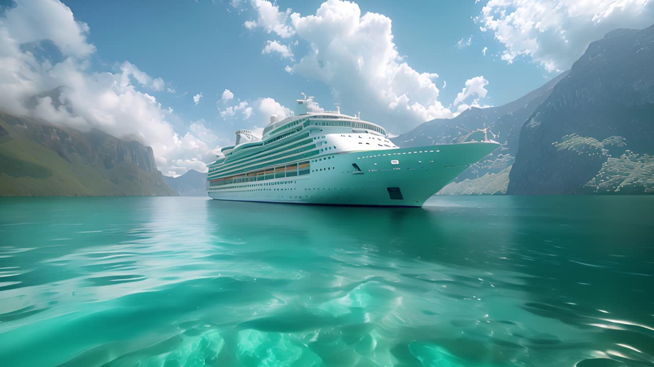 Luxury Cruise Ship Navigating Through Clear Turquoise Waters Amidst Mountains