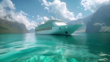 luxury cruise ship navigating through clear turquoise waters amidst mountains