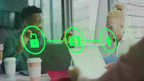 animation of flowchart of icons over diverse coworkers discussing reports on laptop in office