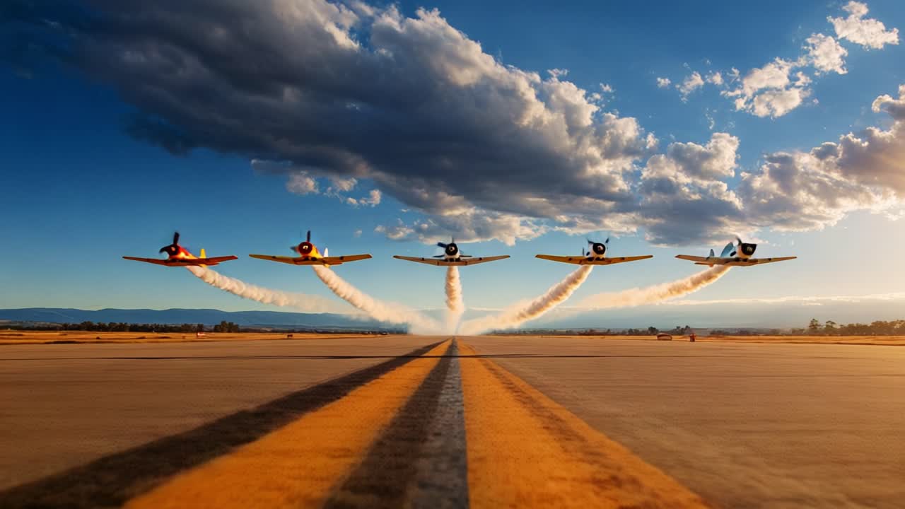 Spectacular Formation of Vintage Airplanes Performing Precision Maneuvers Against a Dramatic Sky, Captured with Stunning Clarity and Colorful Contrails on a Tranquil Runway