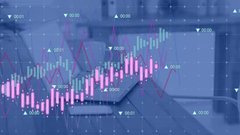 Animación-Del-Procesamiento-De-Datos-Estadísticos-Contra-Teléfonos-Inteligentes,-Computadoras-Portátiles-Y-Tazas-De-Café-En-El-Escritorio-De-La-Oficina