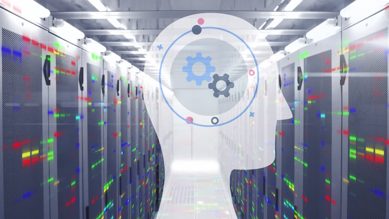 Animation of head with cogs and colourful shapes over server room
