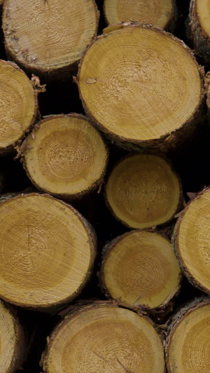 Una toma macro vertical de troncos de pino recién cortados apilados, mostrando anillos de crecimiento detallados y la textura de la madera. Perfecta para contenido de silvicultura e industria maderera.