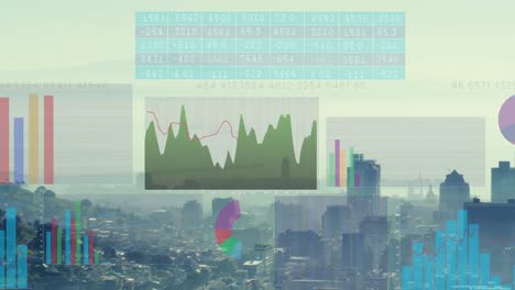 Animación-Del-Procesamiento-De-Datos-Estadísticos-Frente-A-La-Vista-Aérea-Del-Paisaje-Urbano