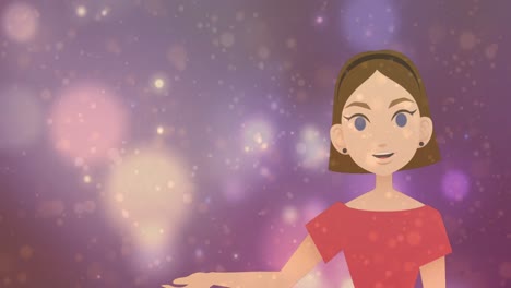 Animation-Einer-Cartoon-Frau-Und-Punkten,-Die-über-Pastellviolettem-Hintergrund-Schweben