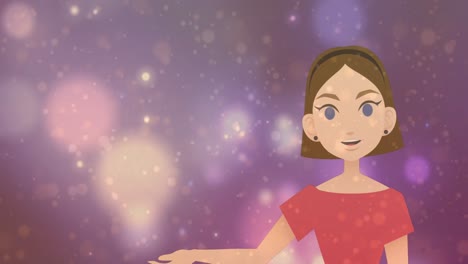 animation of cartoon woman and dots floating over pastel violet background