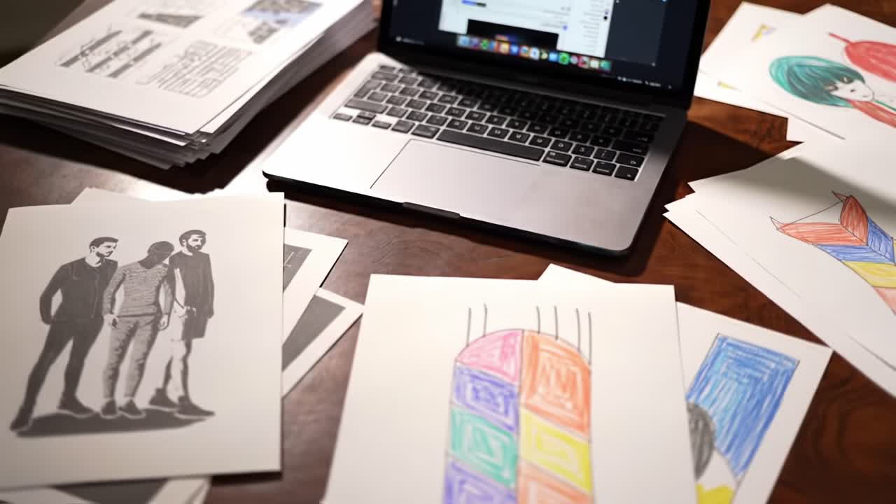 A Creative Workspace Featuring Art Prints and a Laptop: Exploring Design Concepts with Paper Sketches and Digital Tools for Inspiration and Development
