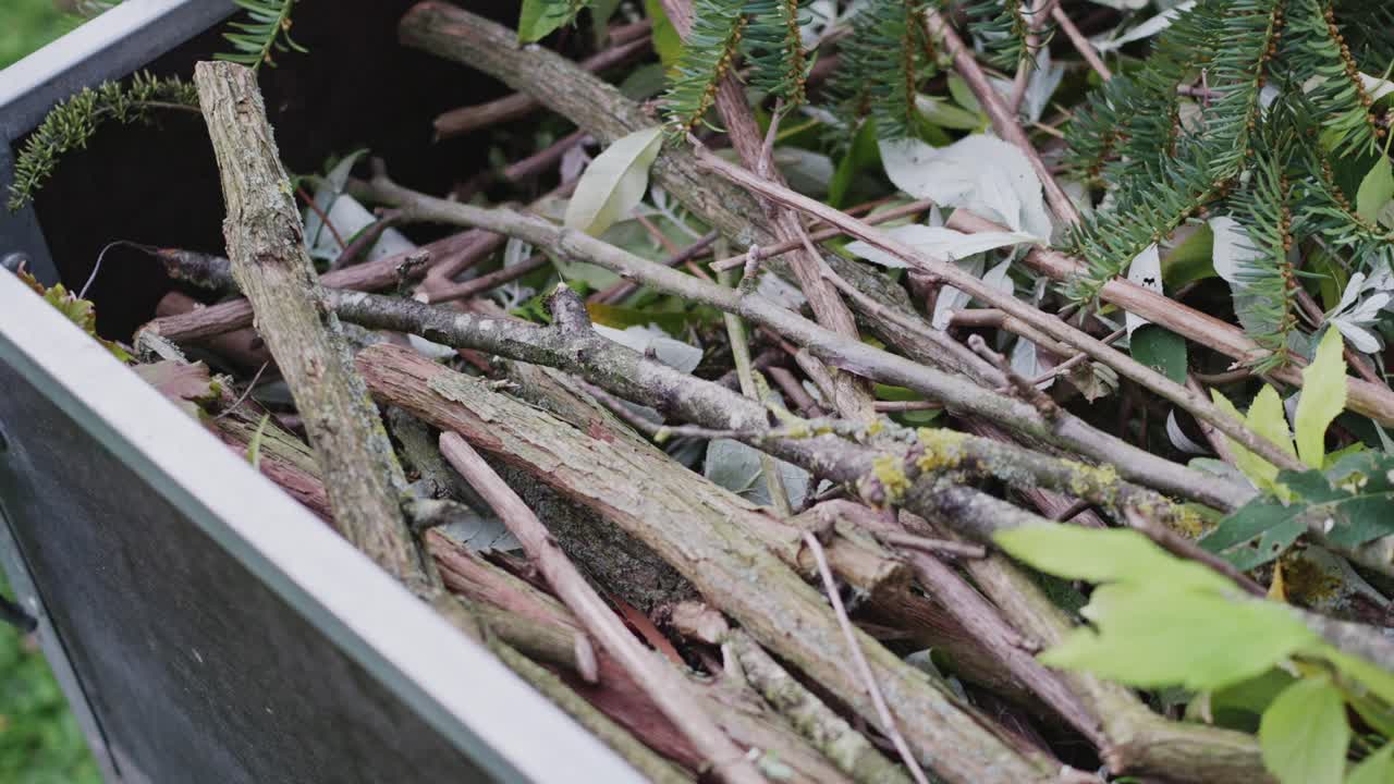 Slow camera movement approaching a trailer in a traditional German garden, filled with tree and shrub cuttings, emphasizing textures and seasonal garden cleanup