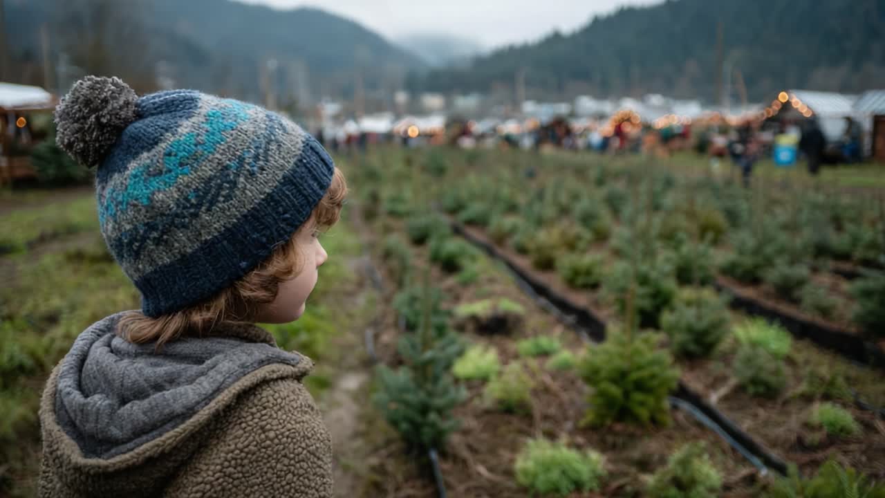 A Child Observes a Christmas Tree Farm, Capturing the Warmth of the Holiday Season Amidst Family Gatherings and Festive Decorations