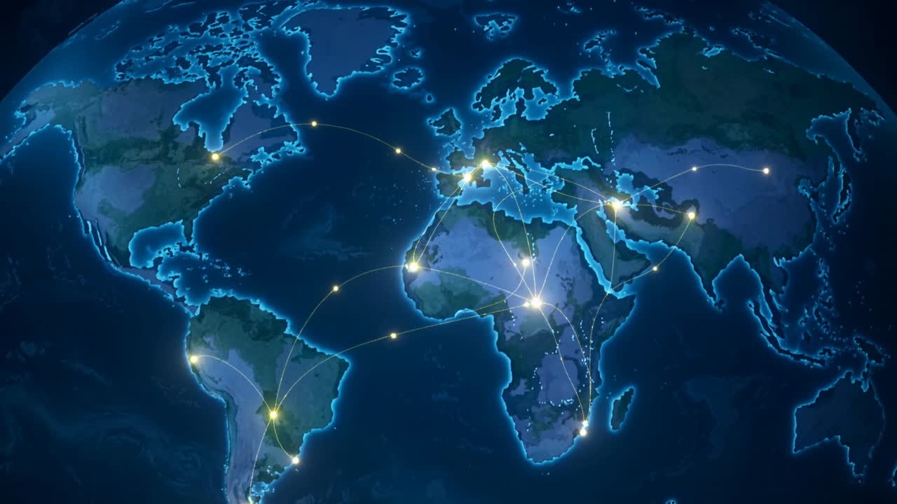 Pulsing NW Africa hub driving globe in space, projecting arcs and pulses routing data