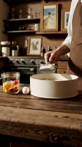 a person mixing ingredients in a kitchen