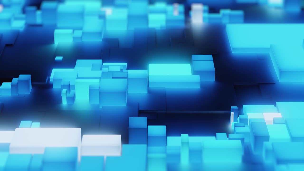 Abstract technological background with glowing blue cubes and rectangles, symbolizing data processing and digital connectivity in a modern, clean style