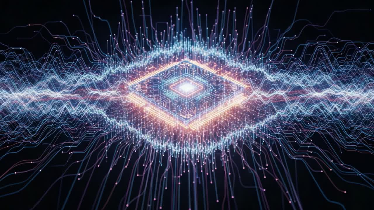 A Stunning Visualization of Abstract Technology: The Transformation of Complex Data into Beautiful Patterns and Light within a Digital Landscape