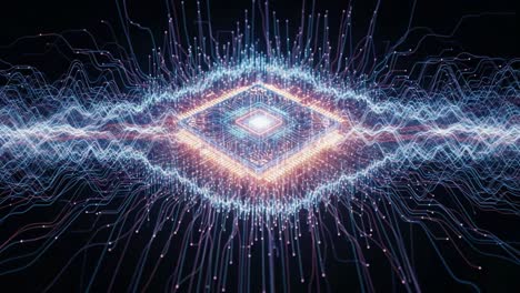 a stunning visualization of abstract technology: the transformation of complex data into beautiful patterns and light within a digital landscape
