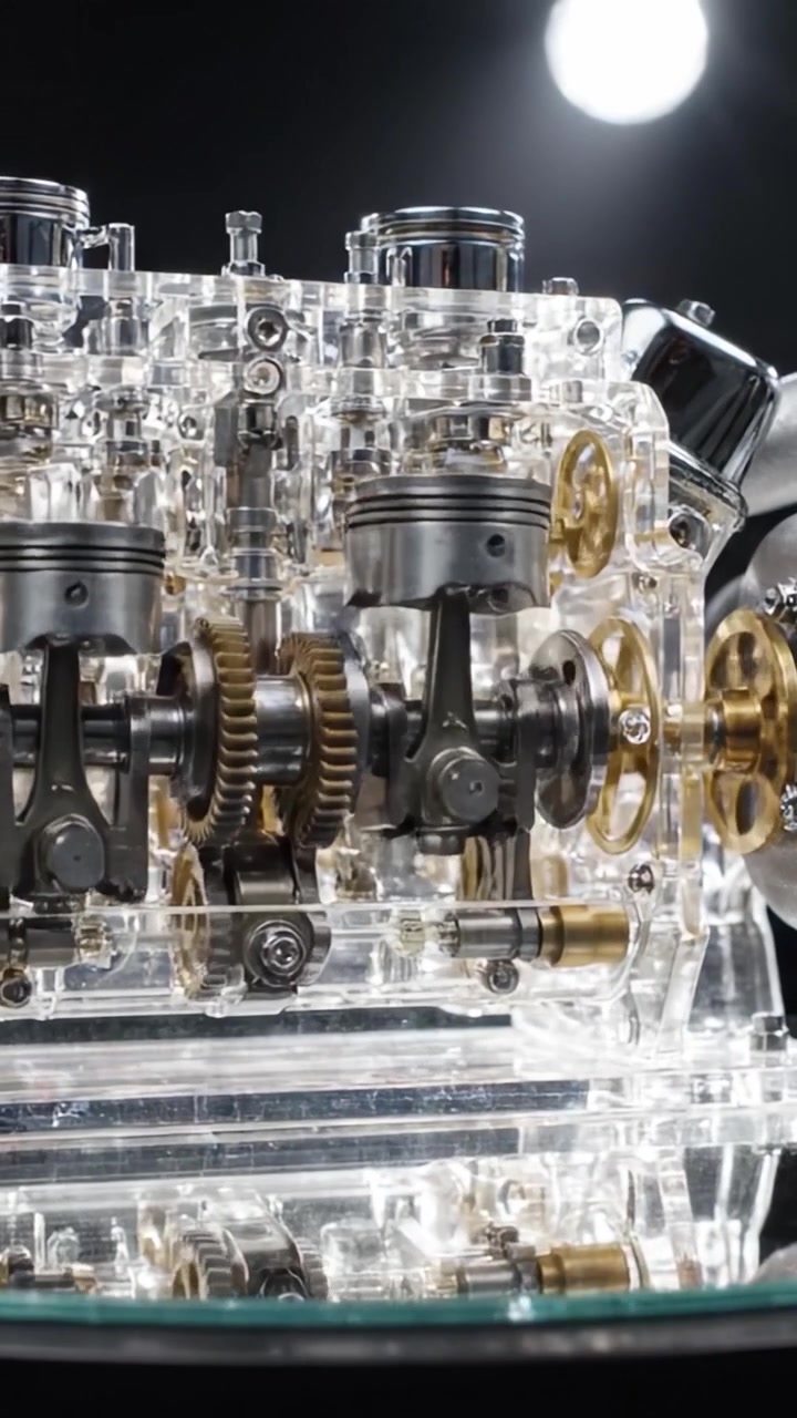 Detailed Close-Up of a Transparent Engine Component Showcasing Intricate Gears and Cylinders in Motion, Perfect for Understanding Mechanical Engineering Principles