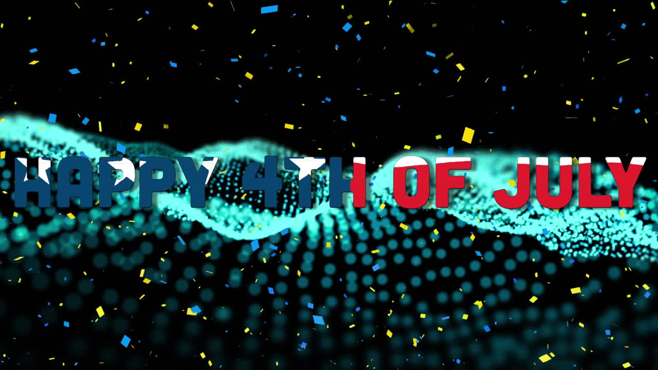 검은색 배경의 녹색 디지털 파도 위에 행복한 독립기념일 텍스트에 떨어지는 콘페티