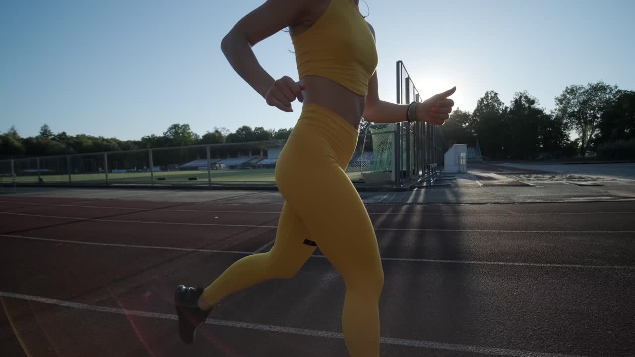 atleta femenina corriendo en pista al aire libre con ropa deportiva
