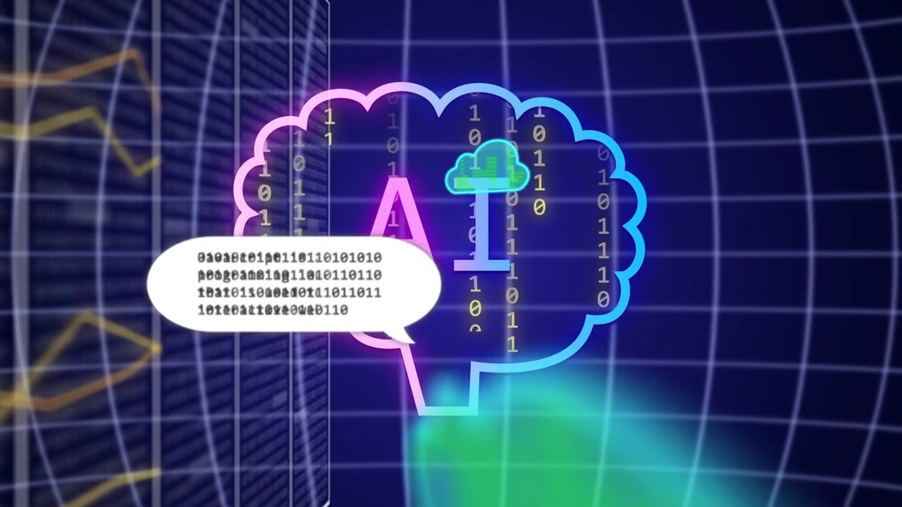 Neon AI-brein ontvangt schuivende bubbels en wolken, streamt binaire gegevens en visualiseert data.