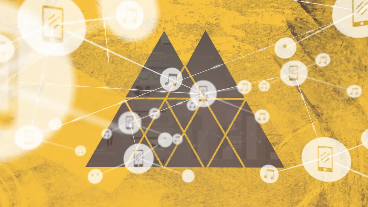 빨간 바탕에 무지개 위의 아이콘으로 연결된 네트워크의 애니메이션