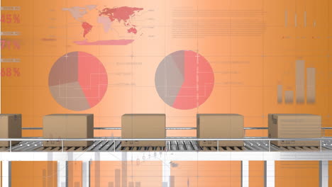 animación del procesamiento de datos estadísticos sobre cajas en una cinta transportadora contra un fondo naranja