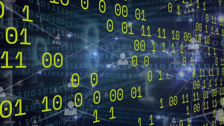 Animation of binary coding data processing and network of connections on blue background