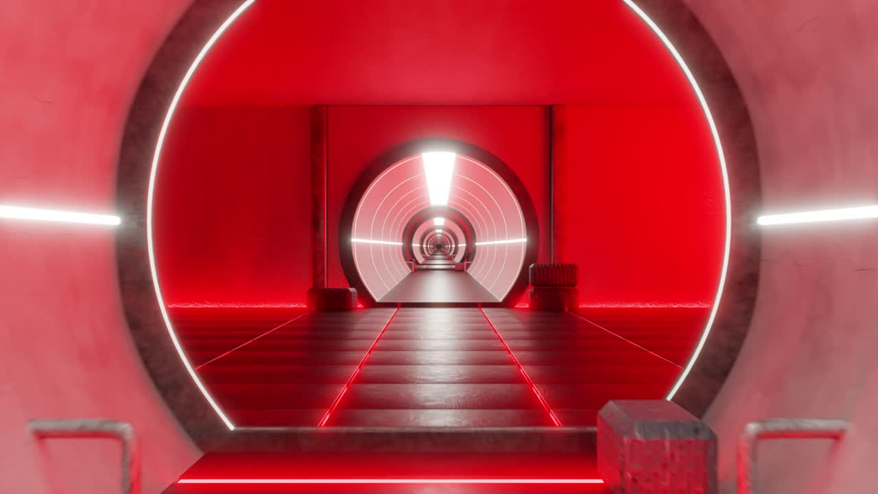 3D animation of futuristic tunnel sci-fi spaceship corridor with color neon light